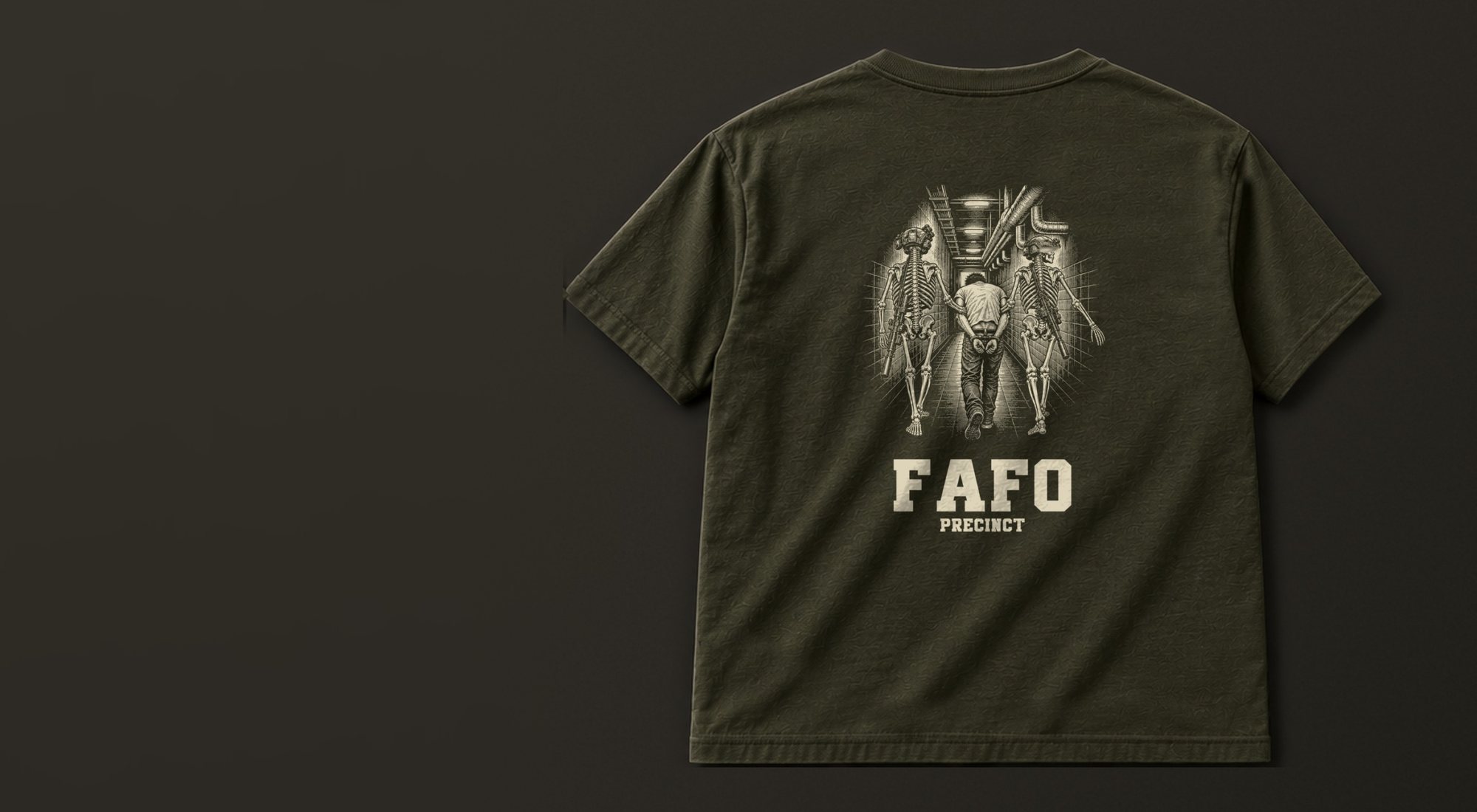Olive Precinct tee, FAFO back print: two skeleton operators walking a cuffed man down a corridor